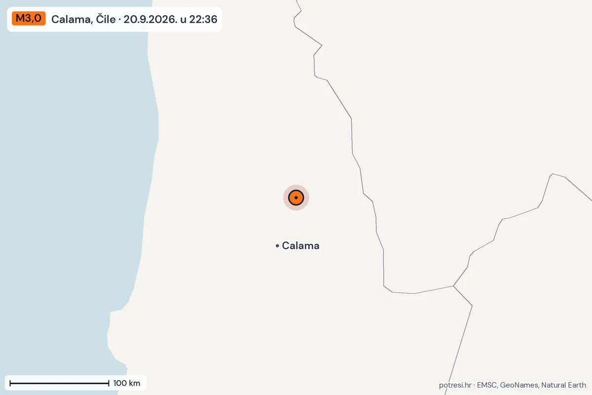 Karta: šire područje, 600 km, potres M3,0, Calama, Čile, 20.9.2026.