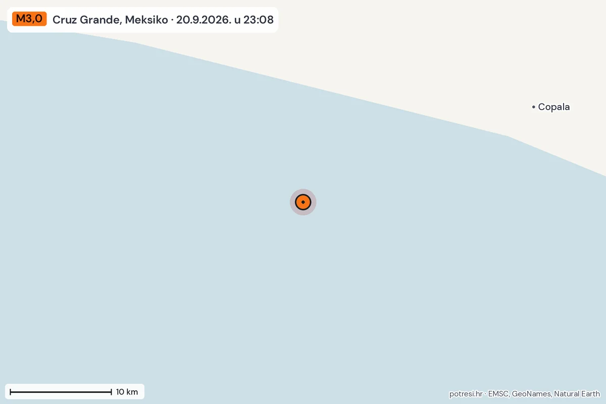 Karta: okolica epicentra, 60 km, potres M3,0, Cruz Grande, Meksiko, 20.9.2026.