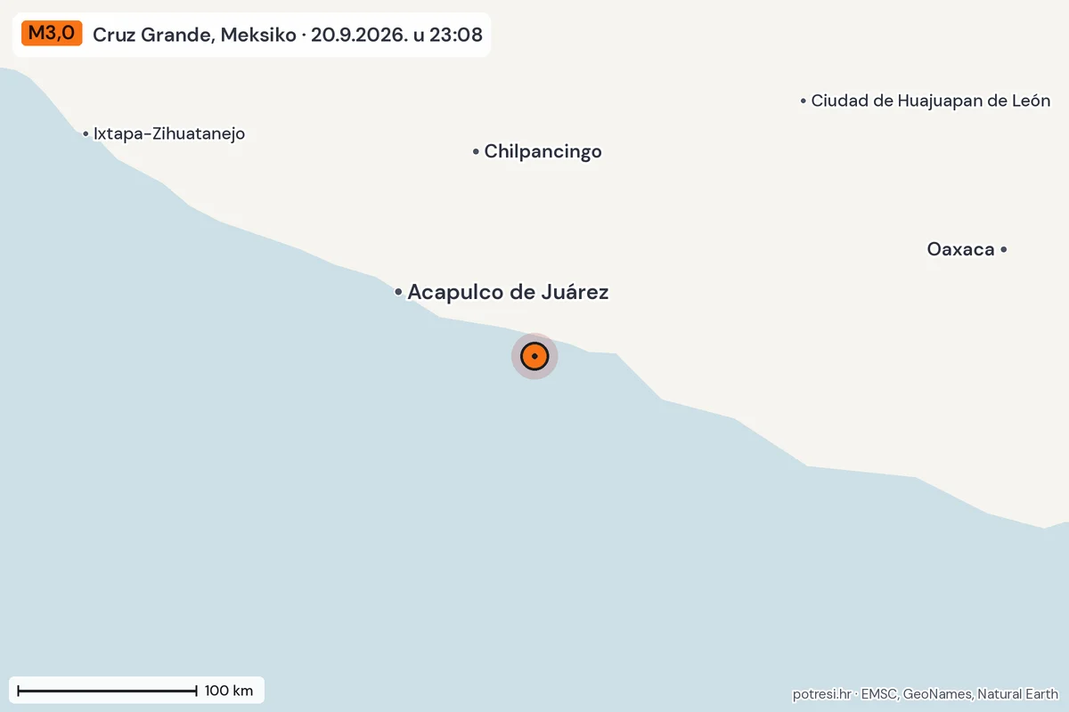 Karta: šire područje, 600 km, potres M3,0, Cruz Grande, Meksiko, 20.9.2026.