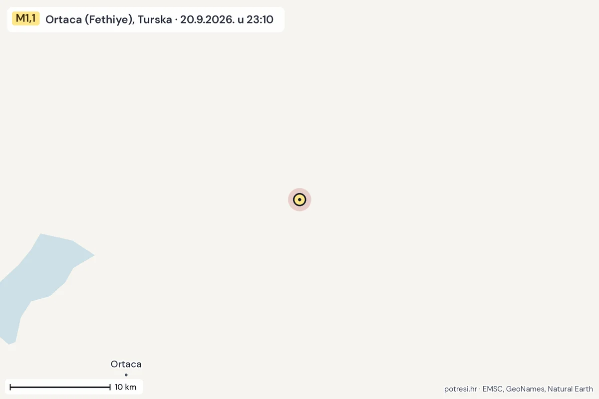 Karta: okolica epicentra, 60 km, potres M1,1, Ortaca (Fethiye), Turska, 20.9.2026.