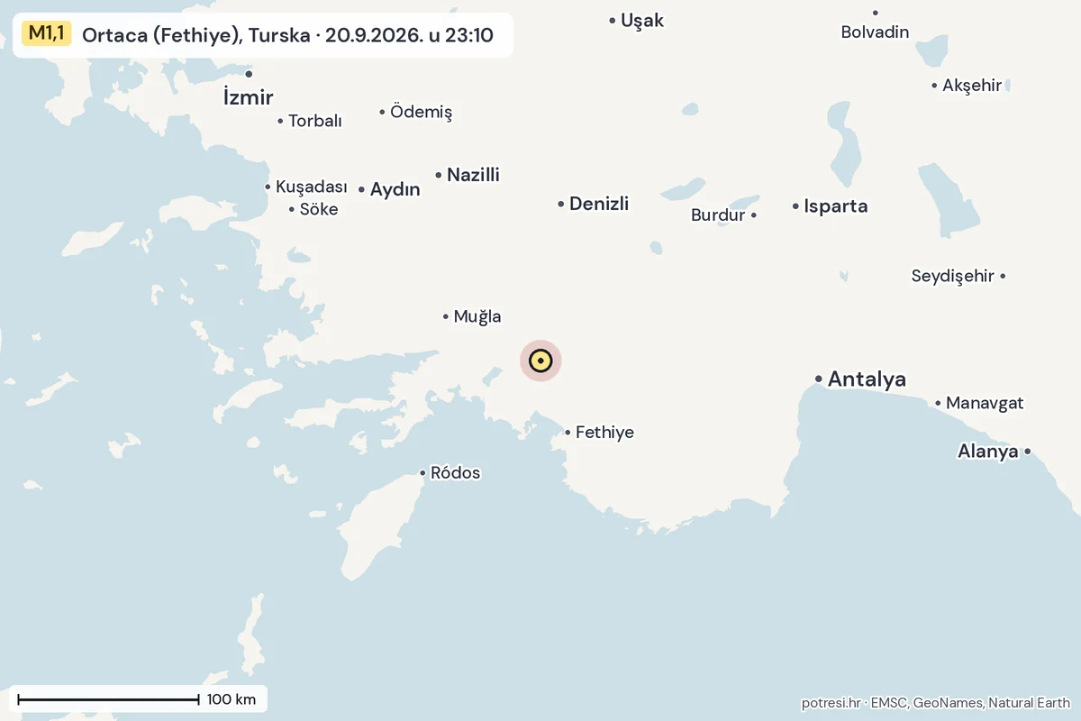Karta: šire područje, 600 km, potres M1,1, Ortaca (Fethiye), Turska, 20.9.2026.