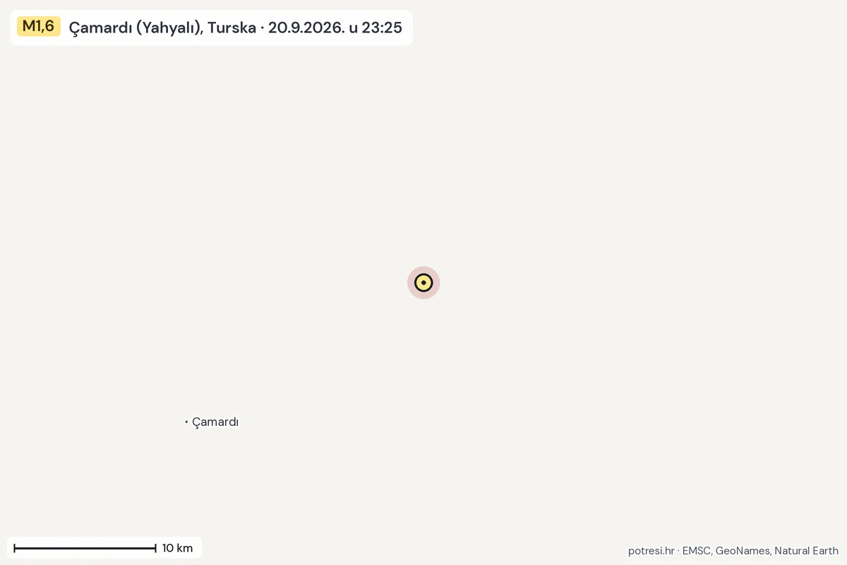 Karta: okolica epicentra, 60 km, potres M1,6, Çamardı (Yahyalı), Turska, 20.9.2026.