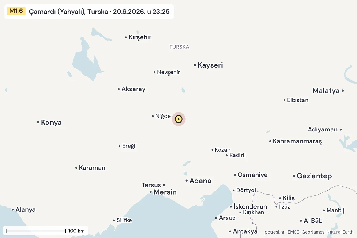 Karta: šire područje, 600 km, potres M1,6, Çamardı (Yahyalı), Turska, 20.9.2026.
