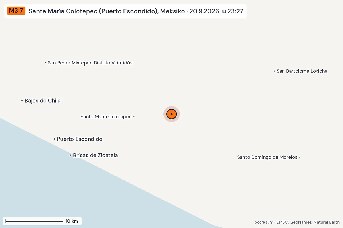 Karta: okolica epicentra, 60 km, potres M3,7, Santa María Colotepec (Puerto Escondido), Meksiko, 20.9.2026.