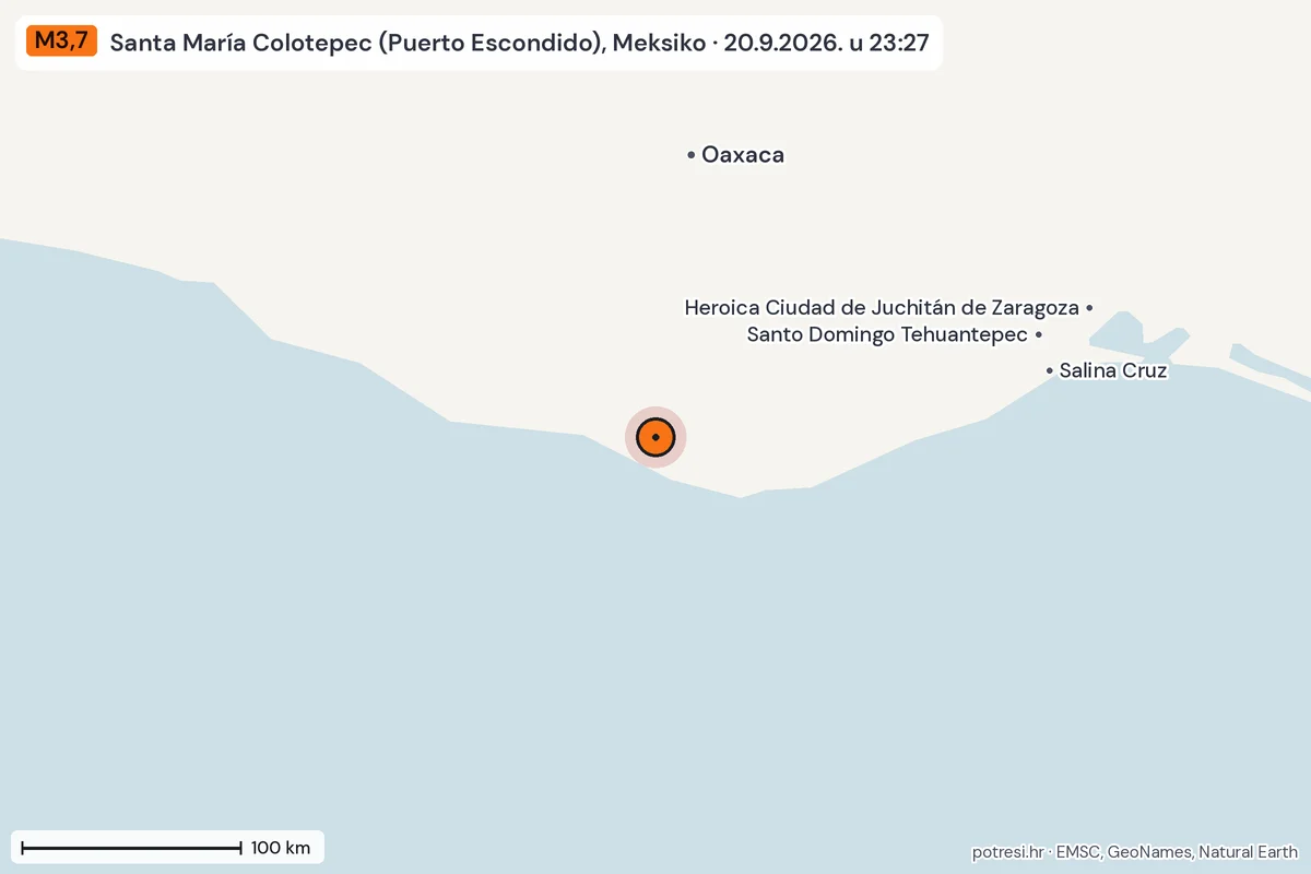 Karta: šire područje, 600 km, potres M3,7, Santa María Colotepec (Puerto Escondido), Meksiko, 20.9.2026.