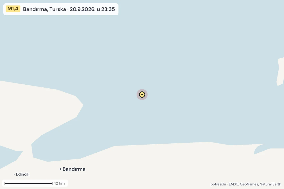 Karta: okolica epicentra, 60 km, potres M1,4, Bandırma, Turska, 20.9.2026.