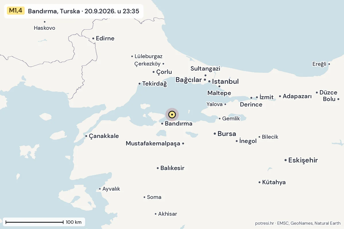 Karta: šire područje, 600 km, potres M1,4, Bandırma, Turska, 20.9.2026.