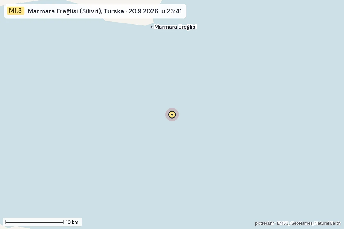 Karta: okolica epicentra, 60 km, potres M1,3, Marmara Ereğlisi (Silivri), Turska, 20.9.2026.