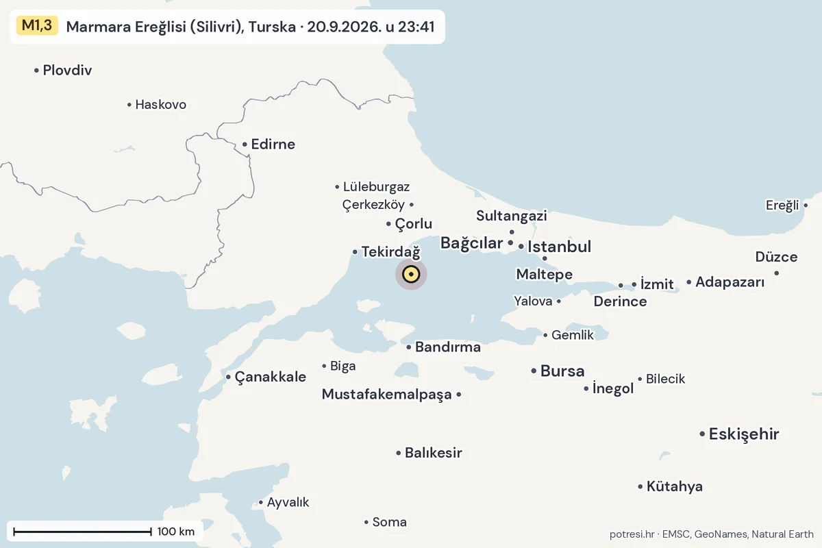 Karta: šire područje, 600 km, potres M1,3, Marmara Ereğlisi (Silivri), Turska, 20.9.2026.
