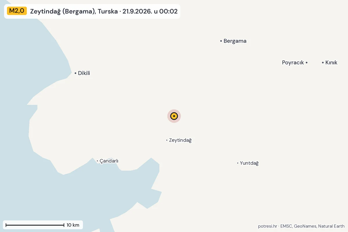 Karta: okolica epicentra, 60 km, potres M2,0, Zeytindağ (Bergama), Turska, 21.9.2026.