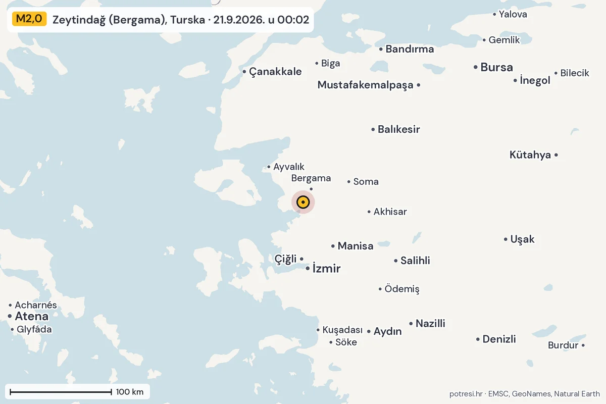 Karta: šire područje, 600 km, potres M2,0, Zeytindağ (Bergama), Turska, 21.9.2026.