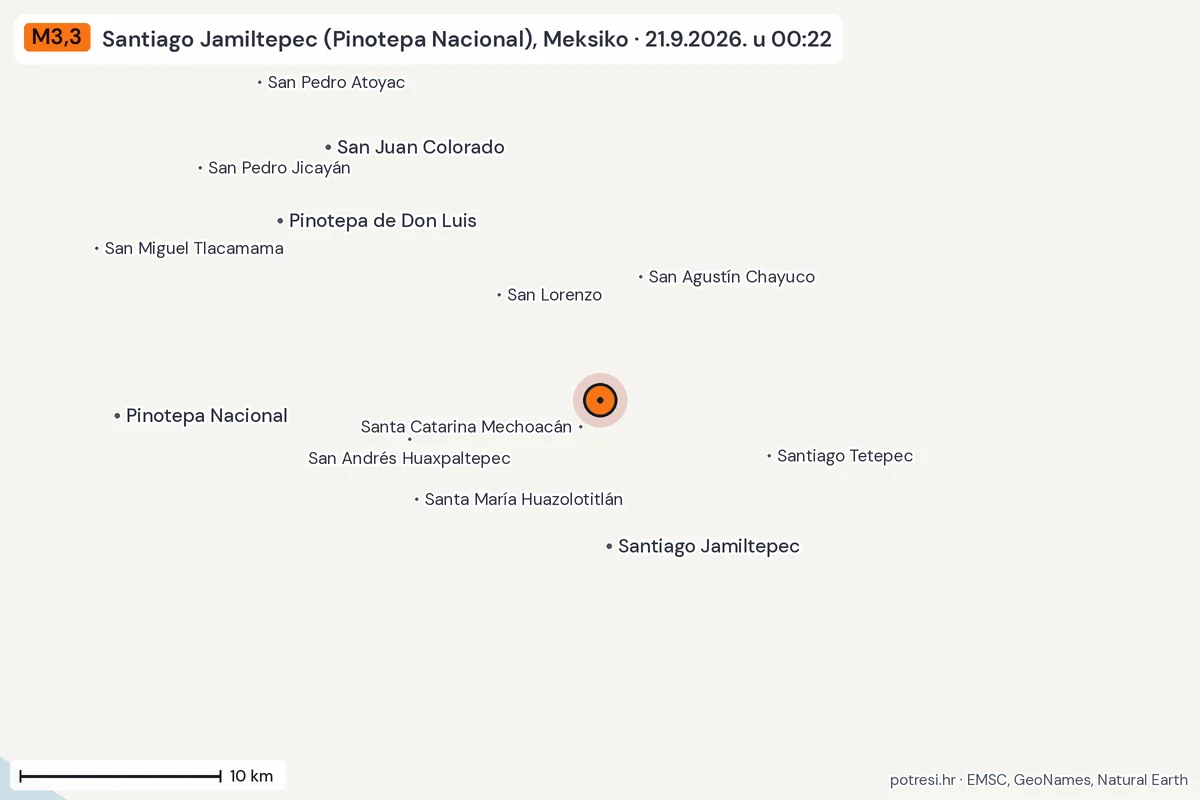 Karta: okolica epicentra, 60 km, potres M3,3, Santiago Jamiltepec (Pinotepa Nacional), Meksiko, 21.9.2026.