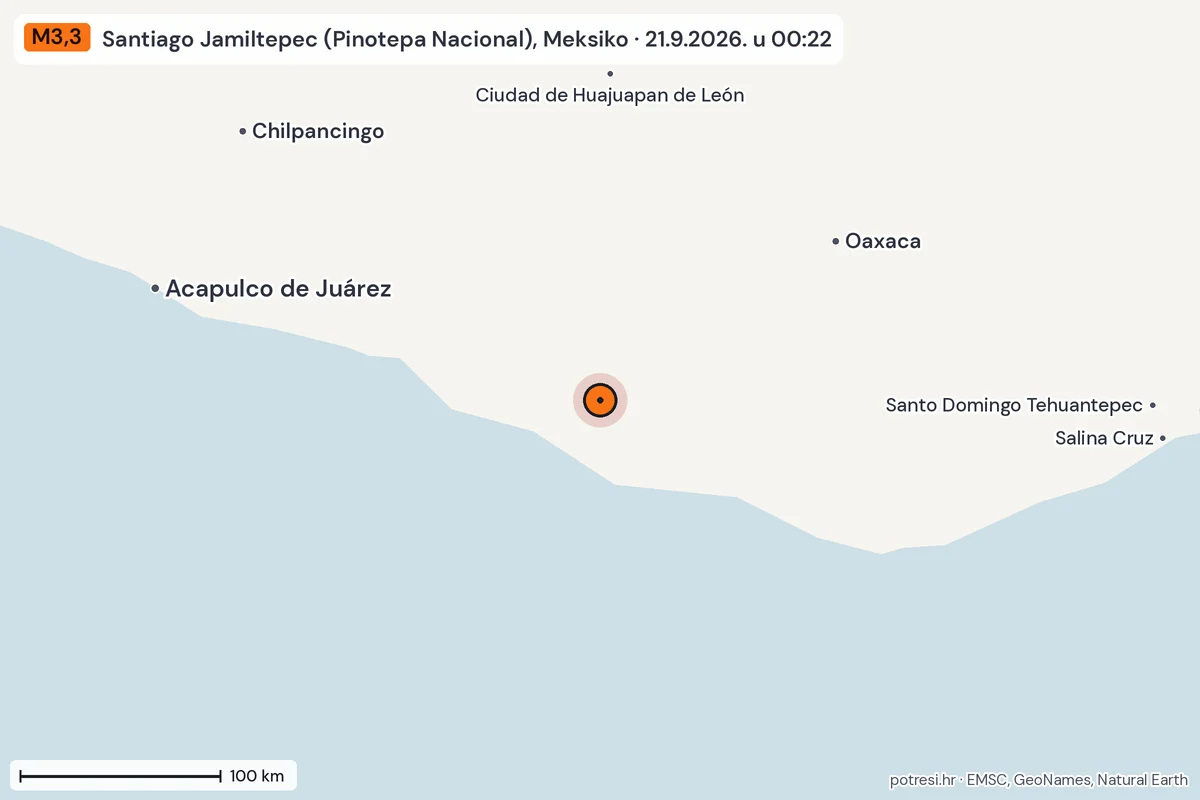 Karta: šire područje, 600 km, potres M3,3, Santiago Jamiltepec (Pinotepa Nacional), Meksiko, 21.9.2026.