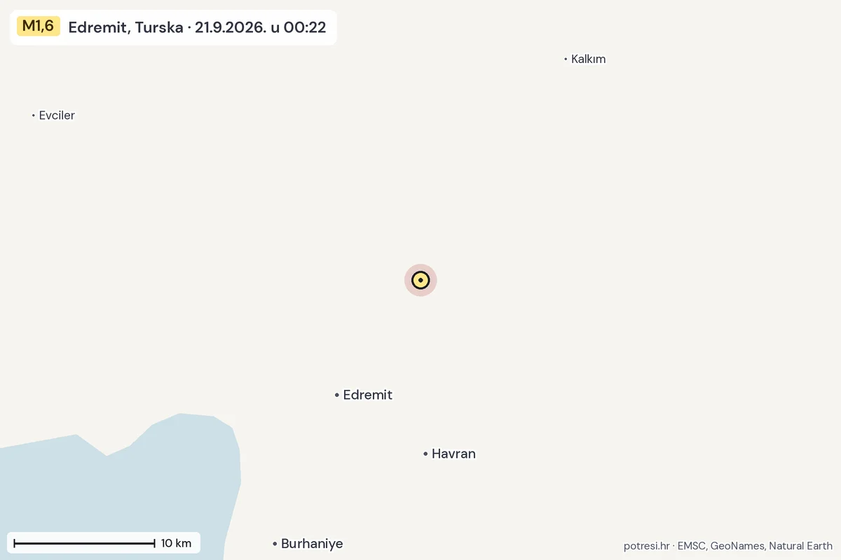 Karta: okolica epicentra, 60 km, potres M1,6, Edremit, Turska, 21.9.2026.
