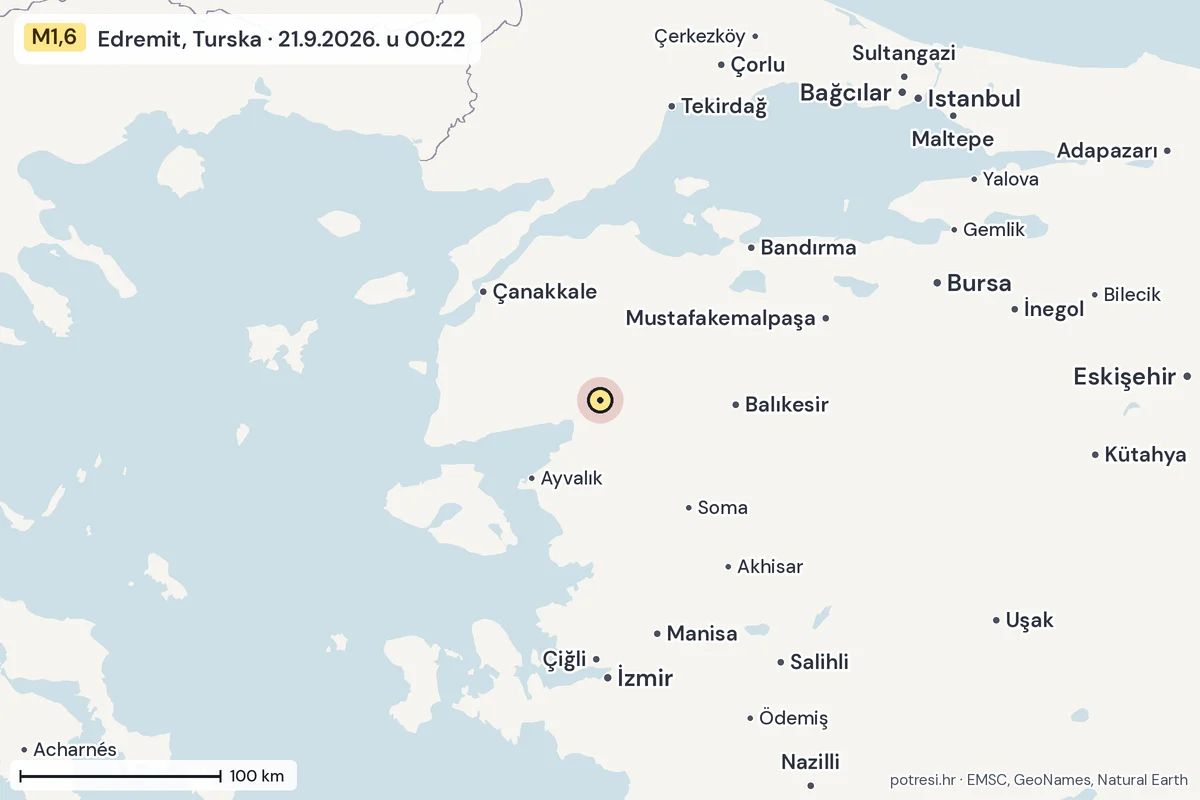 Karta: šire područje, 600 km, potres M1,6, Edremit, Turska, 21.9.2026.