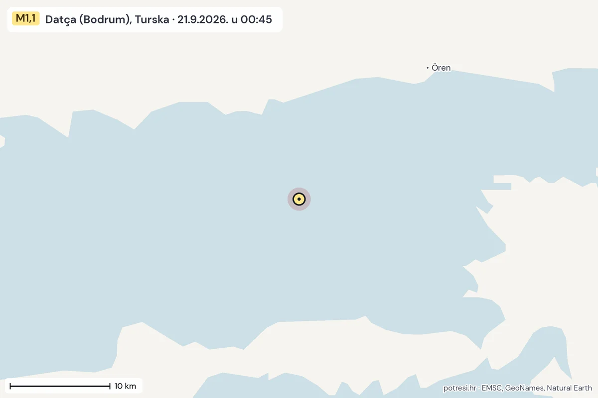 Karta: okolica epicentra, 60 km, potres M1,1, Datça (Bodrum), Turska, 21.9.2026.