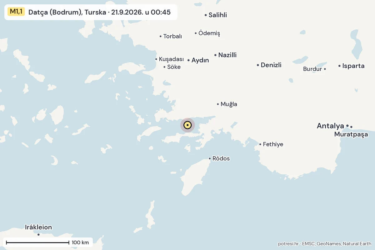Karta: šire područje, 600 km, potres M1,1, Datça (Bodrum), Turska, 21.9.2026.