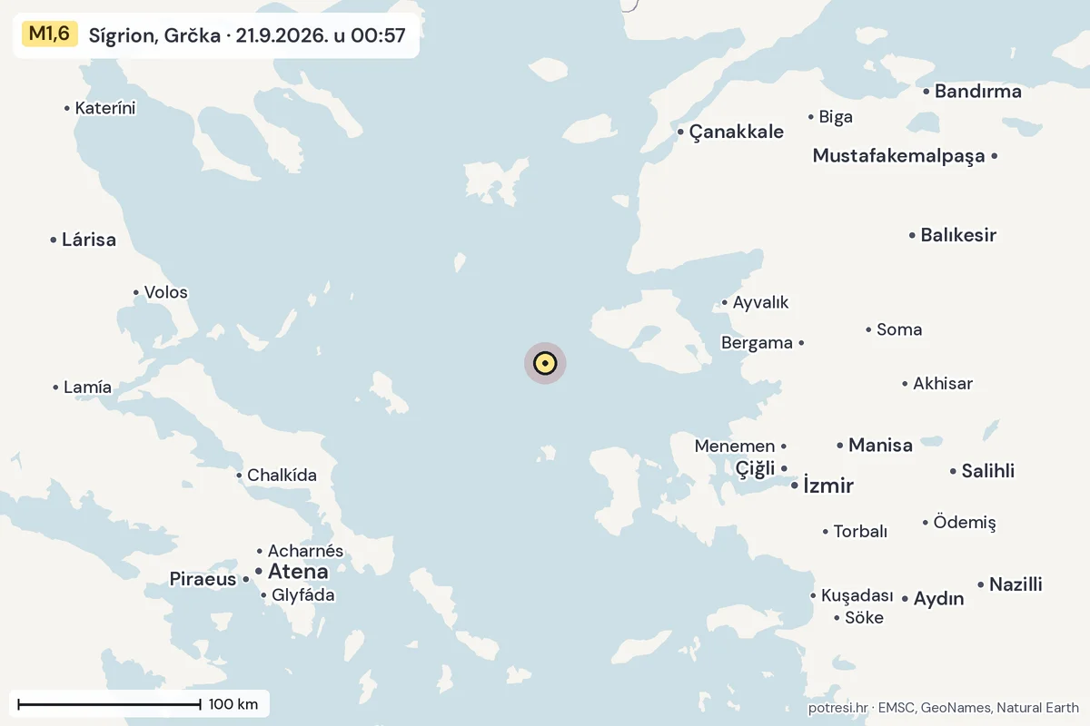 Karta: šire područje, 600 km, potres M1,6, Sígrion, Grčka, 21.9.2026.