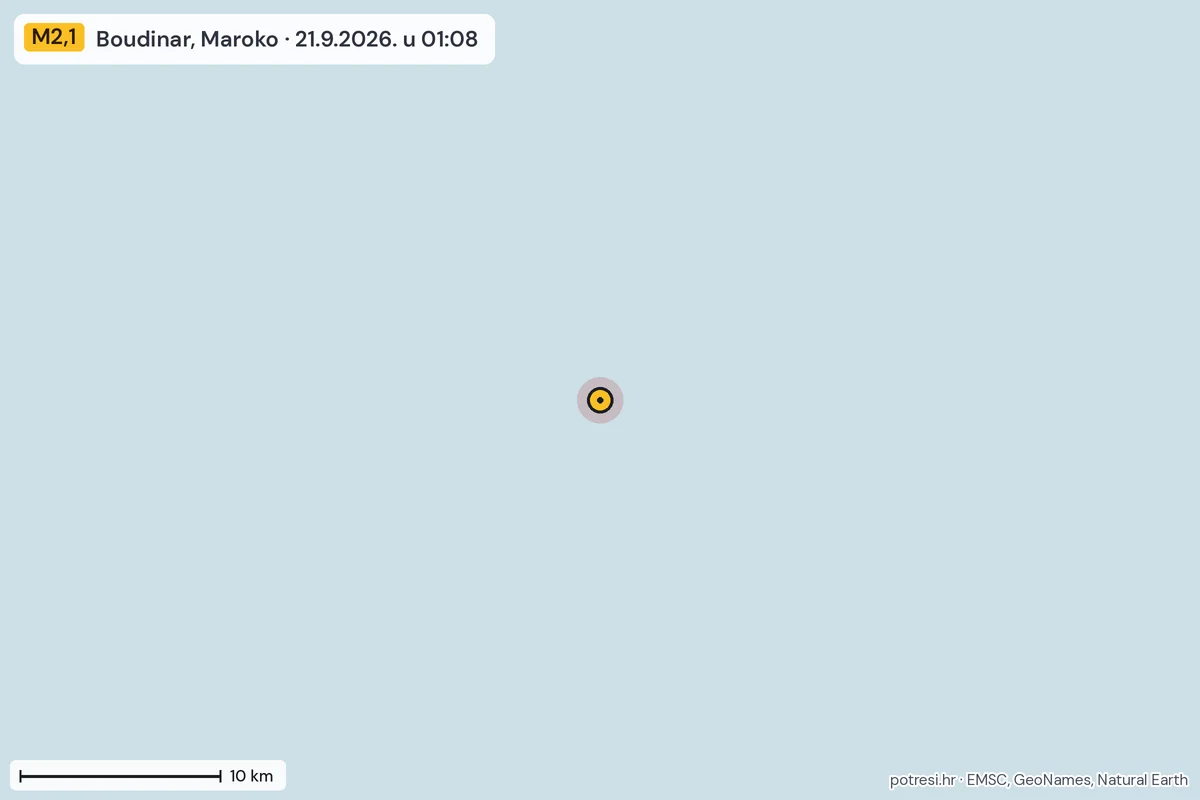 Karta: okolica epicentra, 60 km, potres M2,1, Boudinar, Maroko, 21.9.2026.