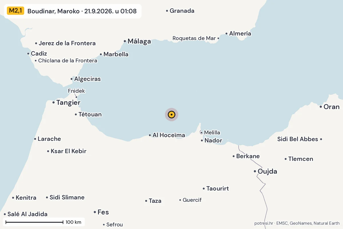 Karta: šire područje, 600 km, potres M2,1, Boudinar, Maroko, 21.9.2026.