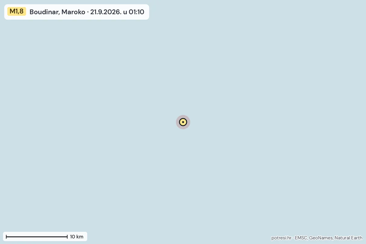 Karta: okolica epicentra, 60 km, potres M1,8, Boudinar, Maroko, 21.9.2026.
