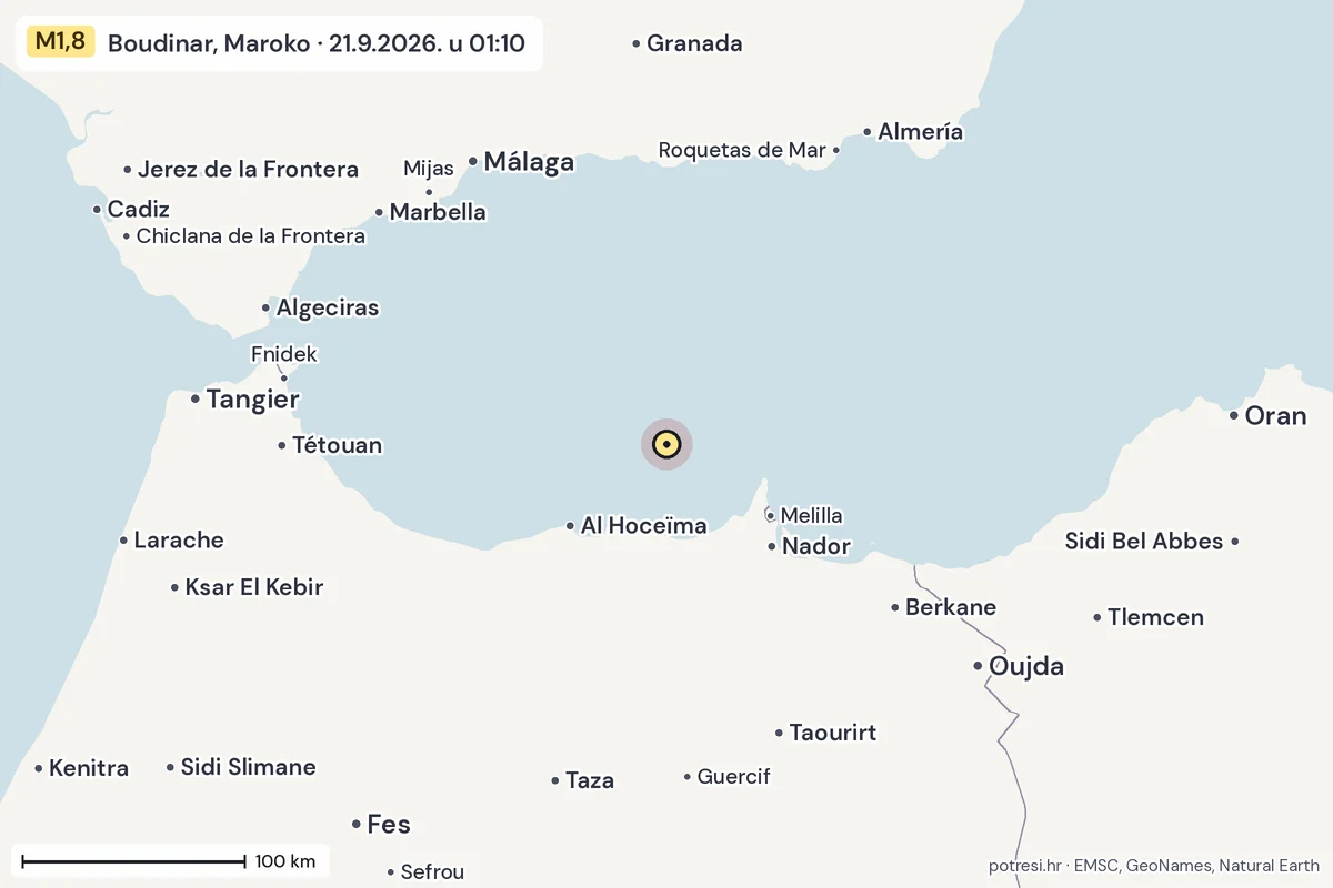 Karta: šire područje, 600 km, potres M1,8, Boudinar, Maroko, 21.9.2026.