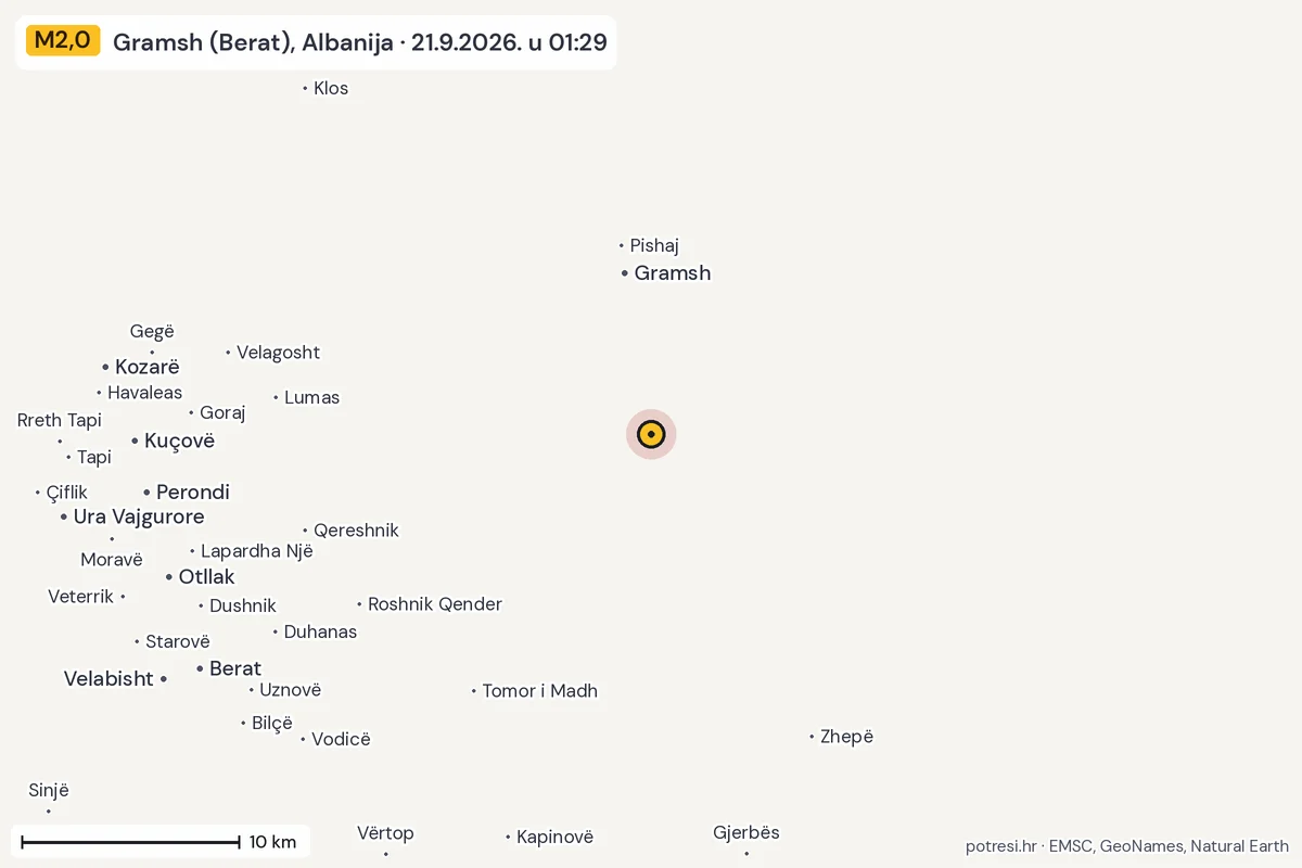 Karta: okolica epicentra, 60 km, potres M2,0, Gramsh (Berat), Albanija, 21.9.2026.