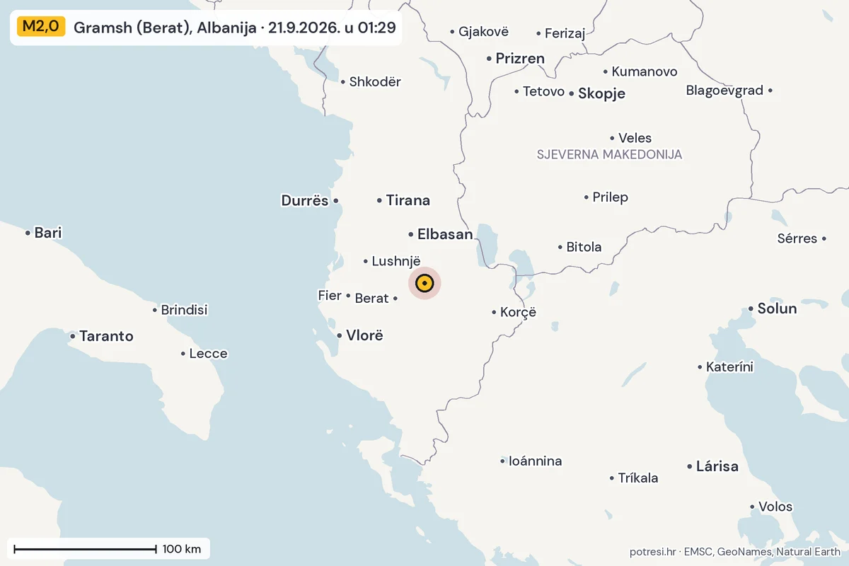 Karta: šire područje, 600 km, potres M2,0, Gramsh (Berat), Albanija, 21.9.2026.