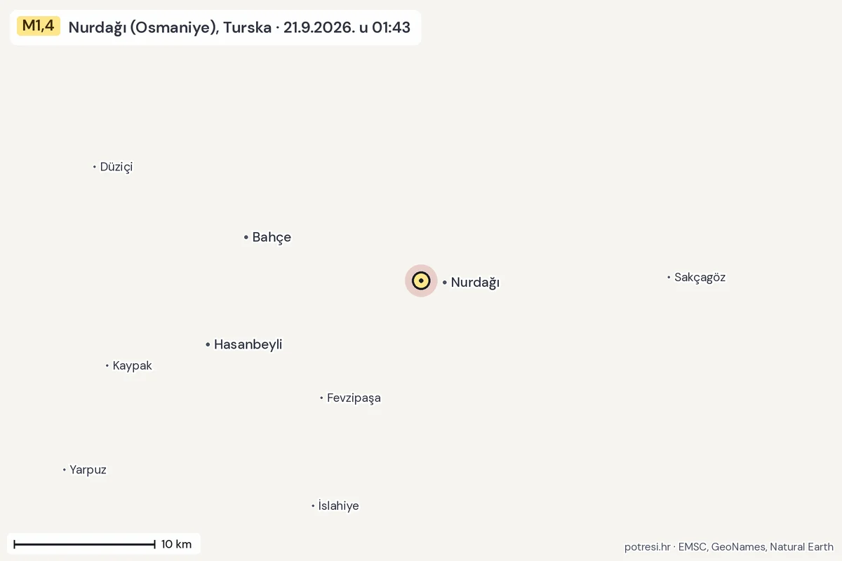 Karta: okolica epicentra, 60 km, potres M1,4, Nurdağı (Osmaniye), Turska, 21.9.2026.