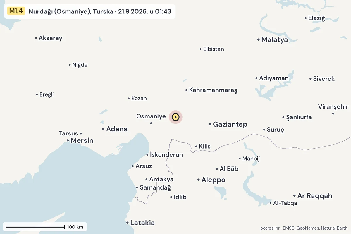 Karta: šire područje, 600 km, potres M1,4, Nurdağı (Osmaniye), Turska, 21.9.2026.