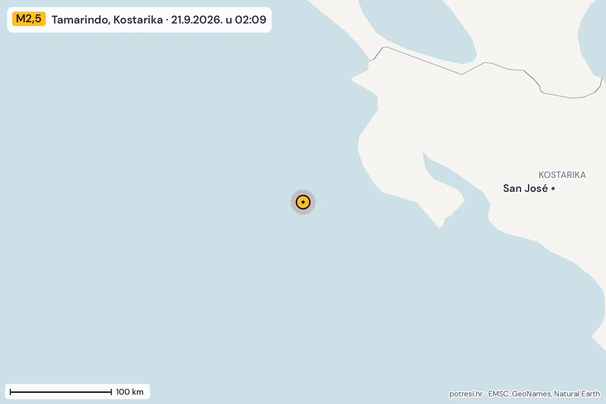 Karta: šire područje, 600 km, potres M2,5, Tamarindo, Kostarika, 21.9.2026.