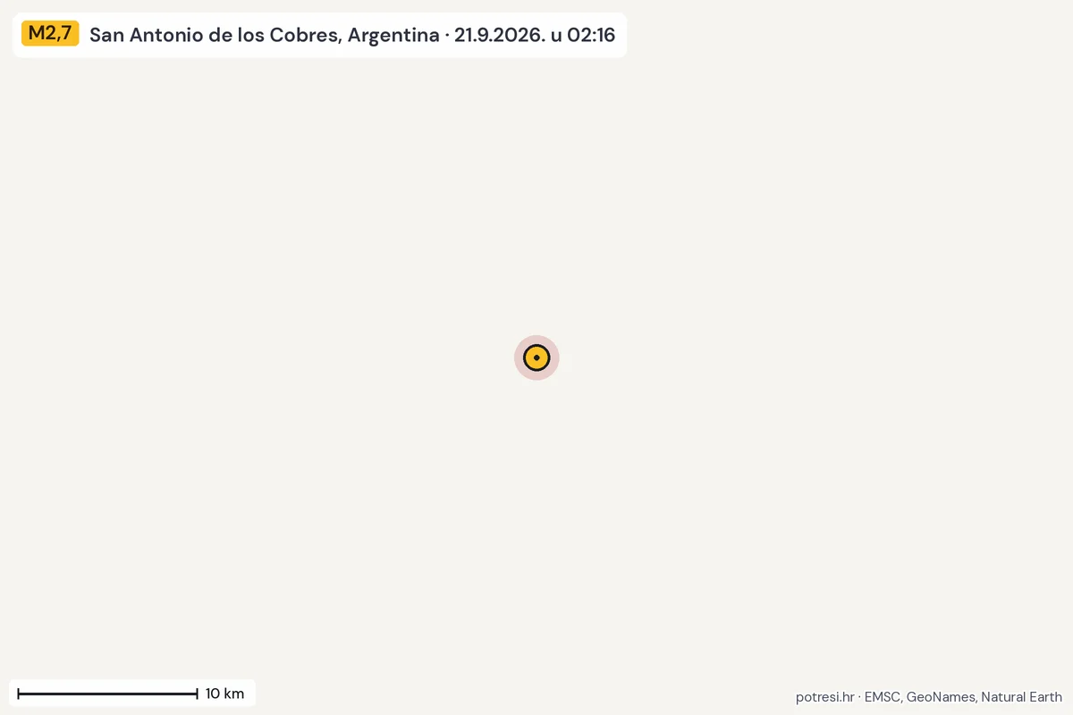 Karta: okolica epicentra, 60 km, potres M2,7, San Antonio de los Cobres, Argentina, 21.9.2026.