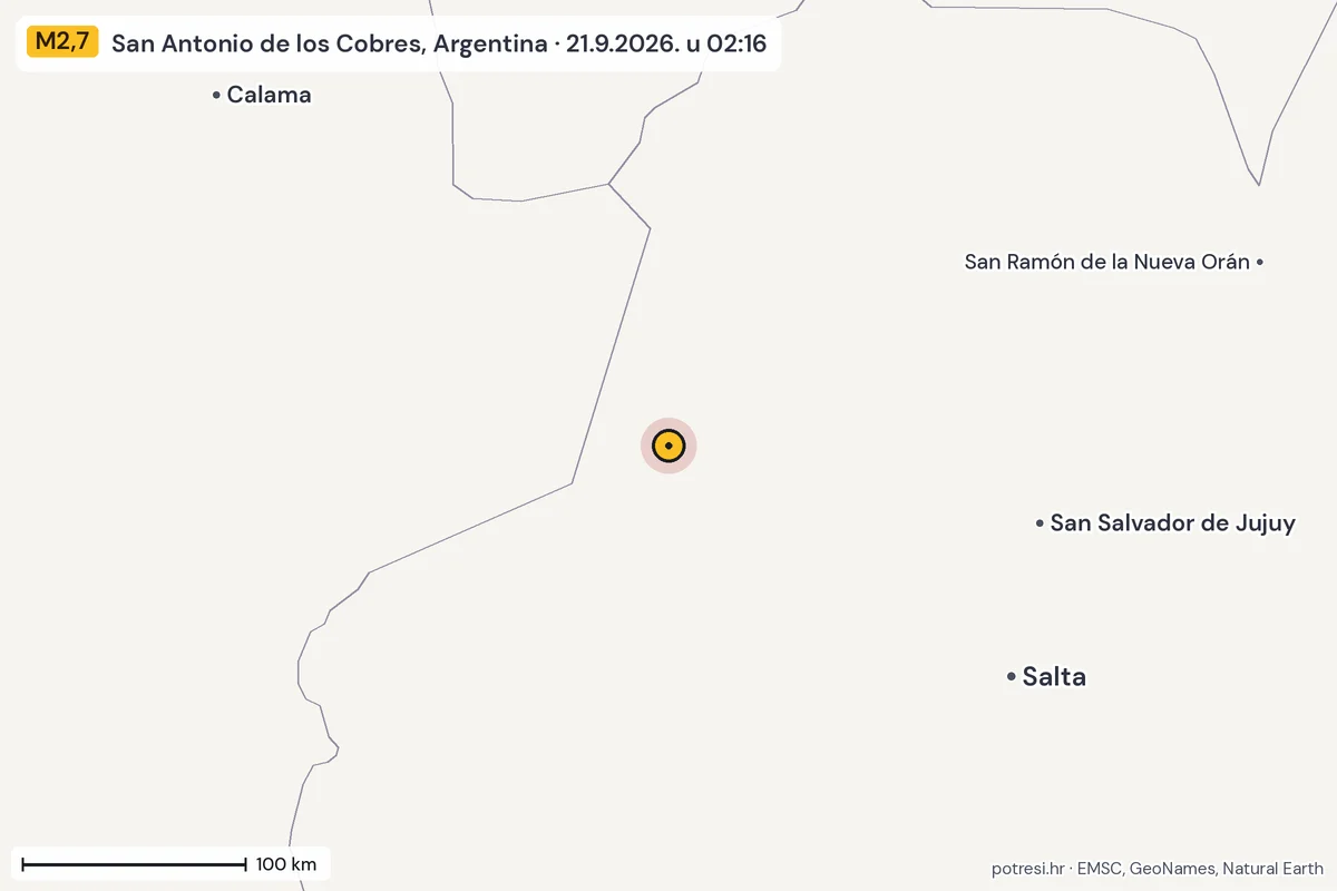 Karta: šire područje, 600 km, potres M2,7, San Antonio de los Cobres, Argentina, 21.9.2026.