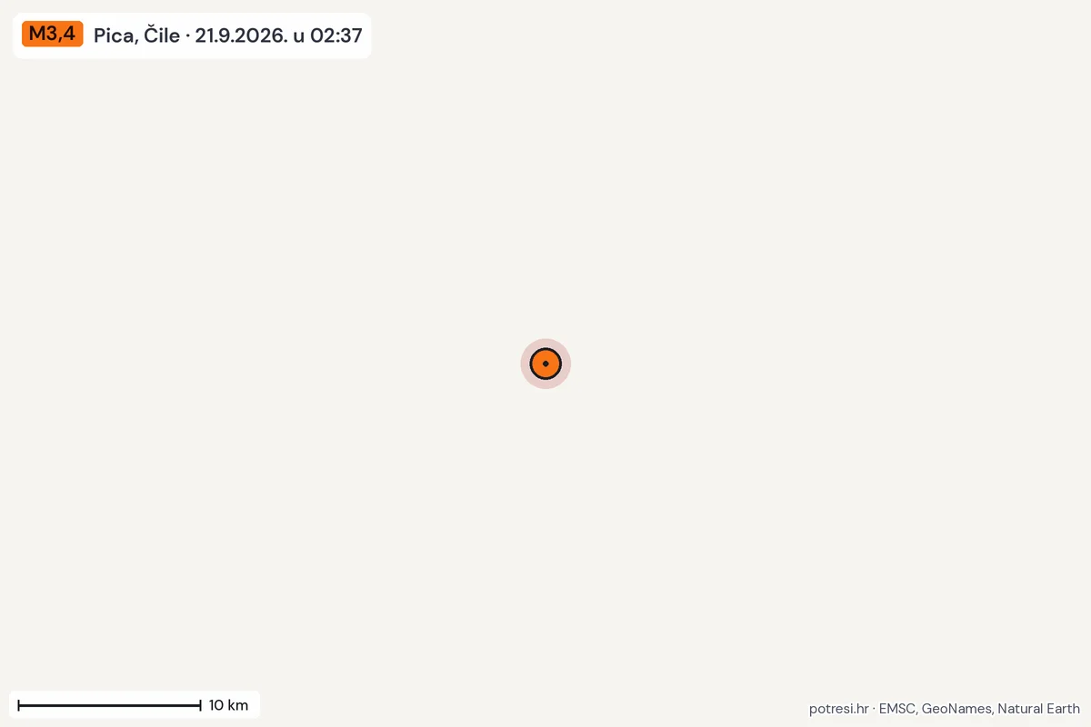 Karta: okolica epicentra, 60 km, potres M3,4, Pica, Čile, 21.9.2026.