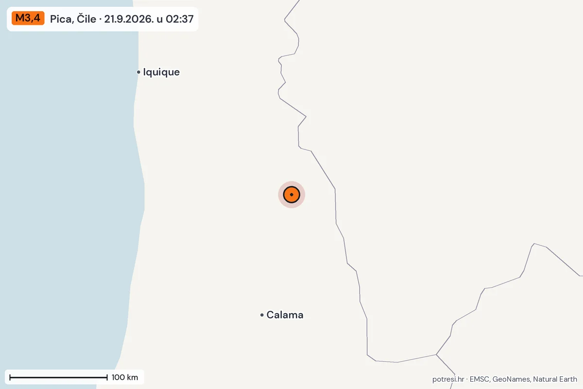 Karta: šire područje, 600 km, potres M3,4, Pica, Čile, 21.9.2026.