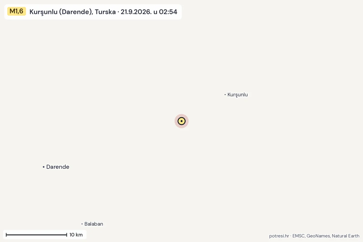 Karta: okolica epicentra, 60 km, potres M1,6, Kurşunlu (Darende), Turska, 21.9.2026.