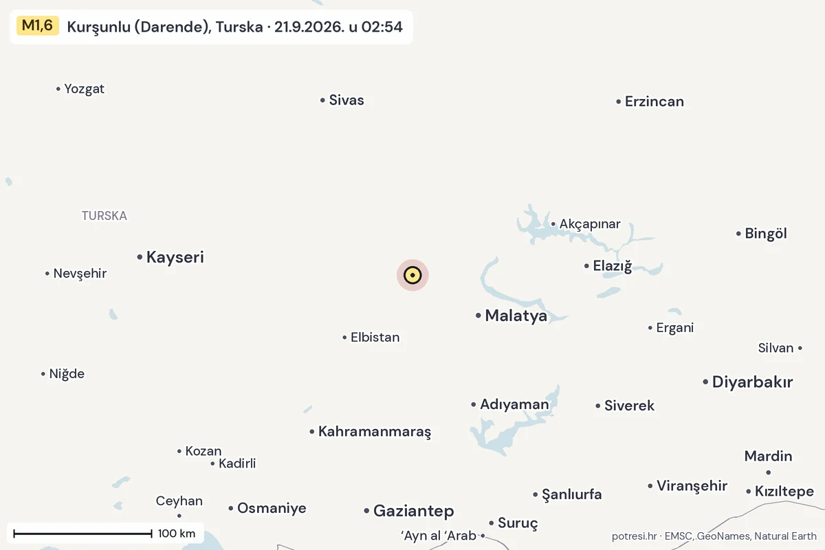 Karta: šire područje, 600 km, potres M1,6, Kurşunlu (Darende), Turska, 21.9.2026.