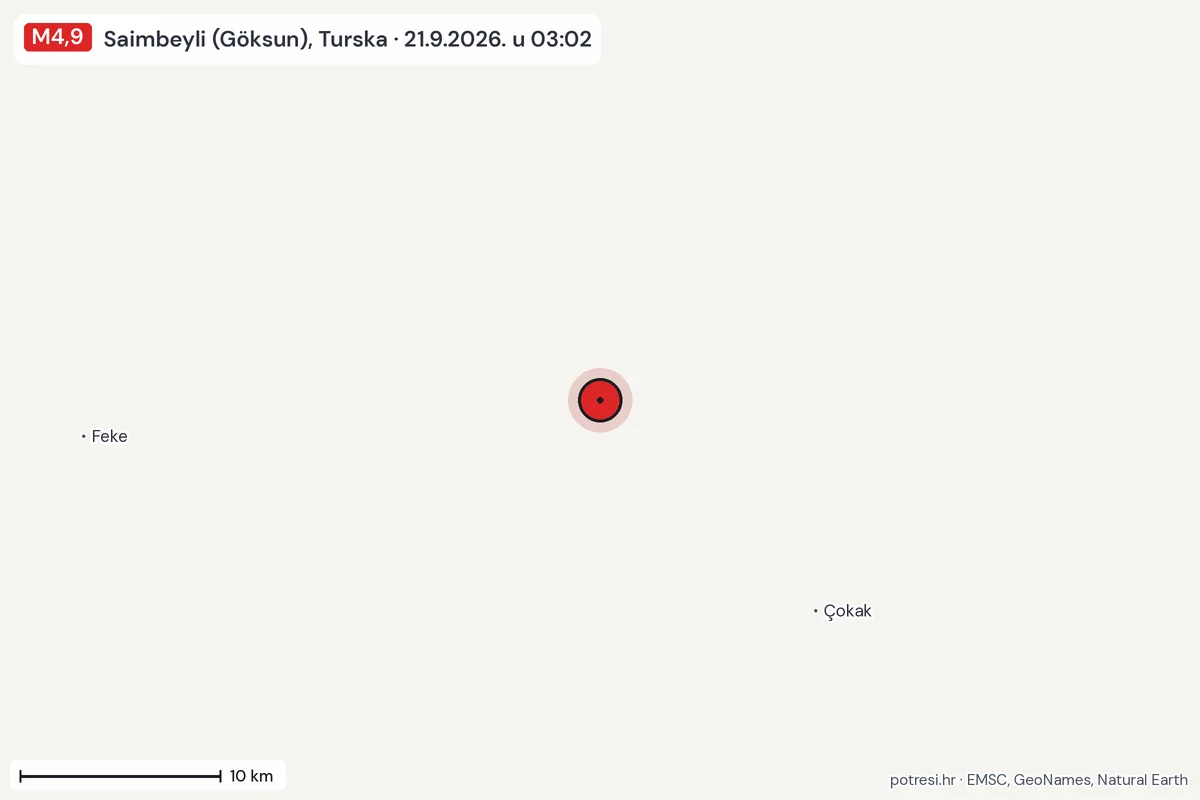 Karta: okolica epicentra, 60 km, potres M4,9, Saimbeyli (Göksun), Turska, 21.9.2026.