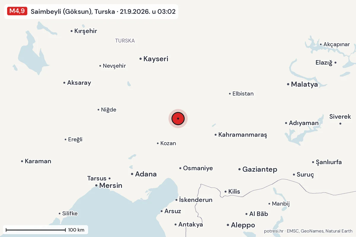 Karta: šire područje, 600 km, potres M4,9, Saimbeyli (Göksun), Turska, 21.9.2026.
