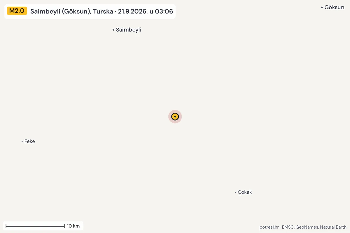 Karta: okolica epicentra, 60 km, potres M2,0, Saimbeyli (Göksun), Turska, 21.9.2026.