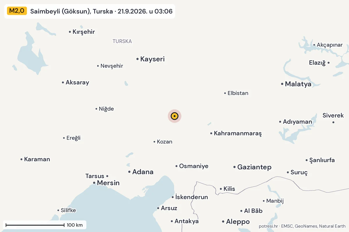 Karta: šire područje, 600 km, potres M2,0, Saimbeyli (Göksun), Turska, 21.9.2026.