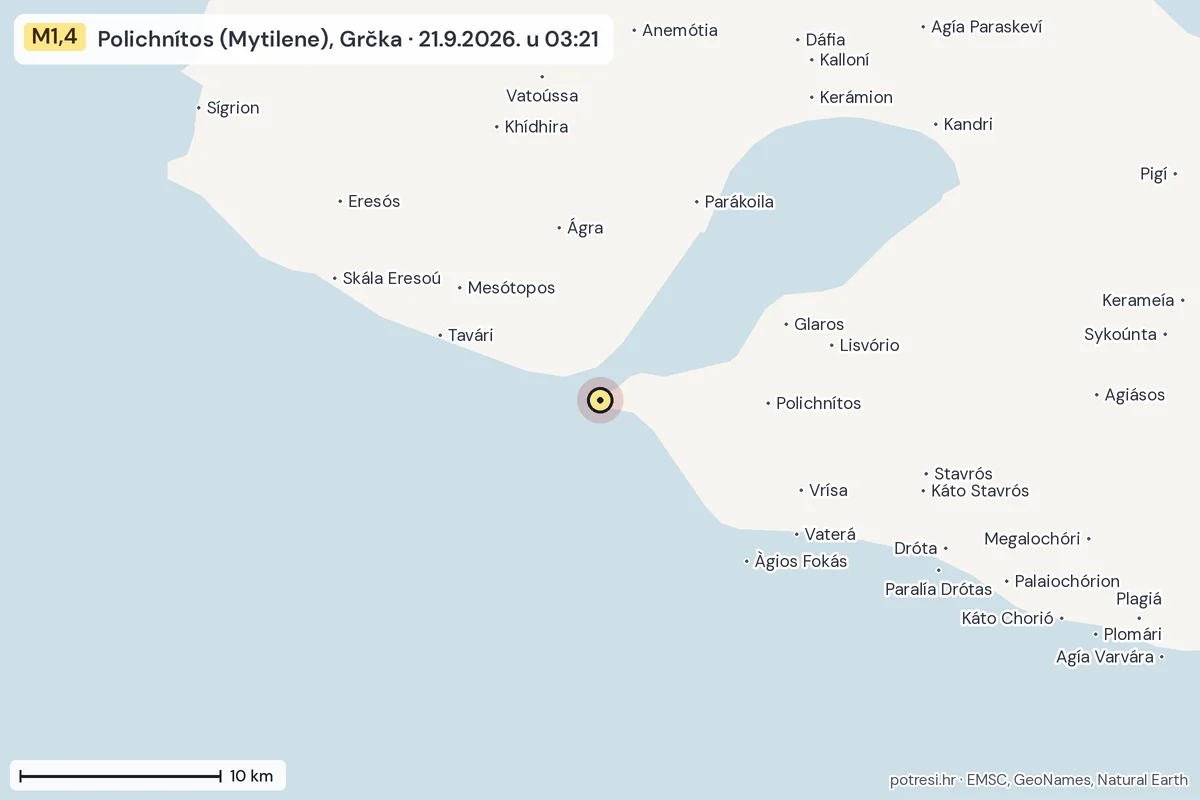 Karta: okolica epicentra, 60 km, potres M1,4, Polichnítos (Mytilene), Grčka, 21.9.2026.