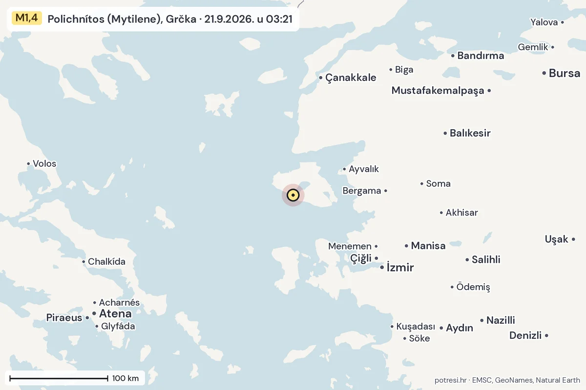 Karta: šire područje, 600 km, potres M1,4, Polichnítos (Mytilene), Grčka, 21.9.2026.