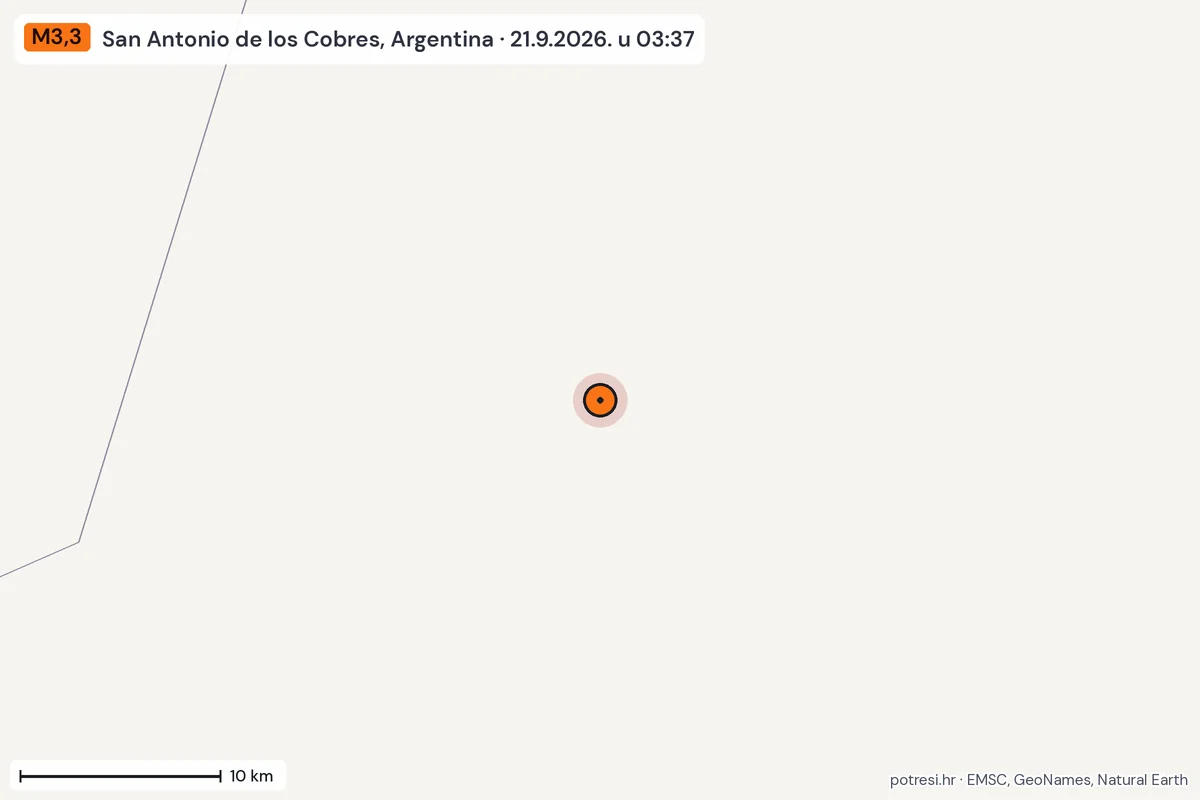 Karta: okolica epicentra, 60 km, potres M3,3, San Antonio de los Cobres, Argentina, 21.9.2026.