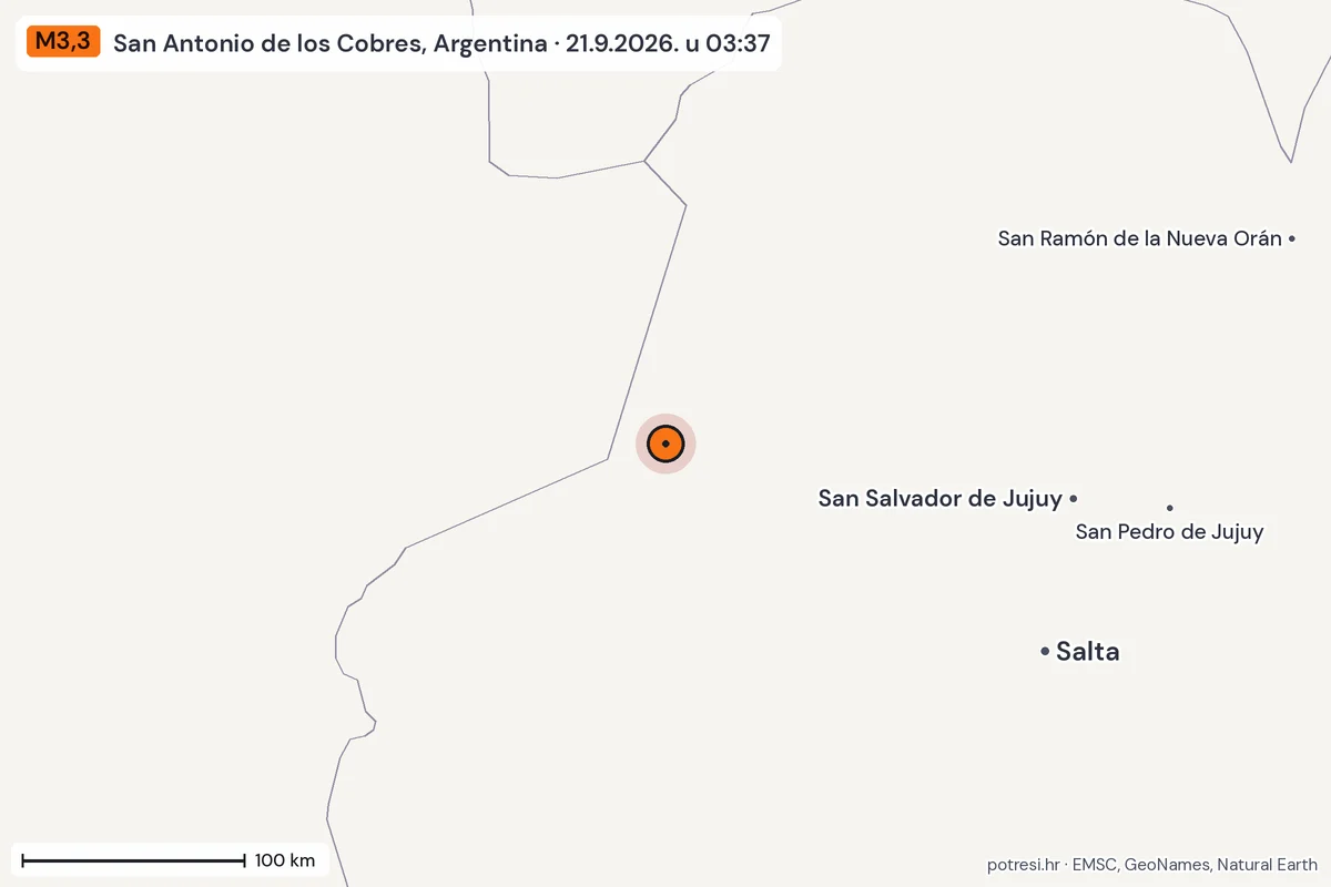 Karta: šire područje, 600 km, potres M3,3, San Antonio de los Cobres, Argentina, 21.9.2026.