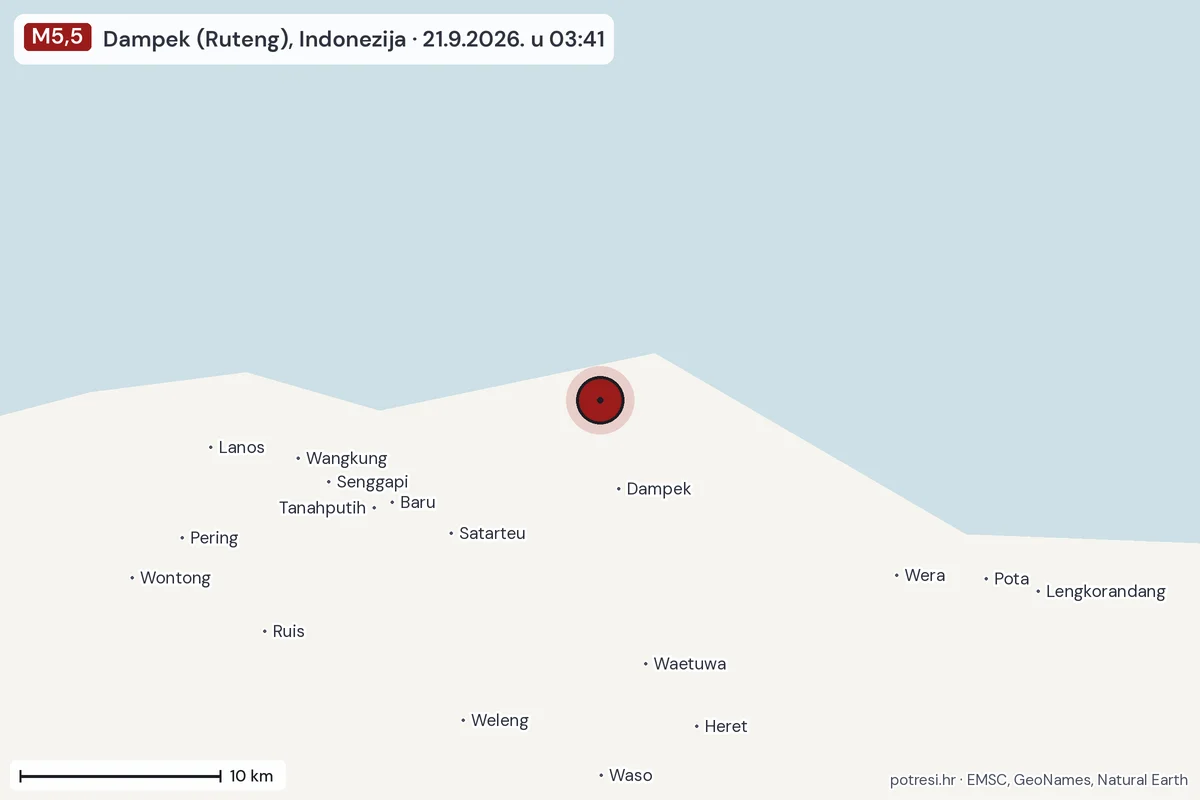 Karta: okolica epicentra, 60 km, potres M5,5, Dampek (Ruteng), Indonezija, 21.9.2026.