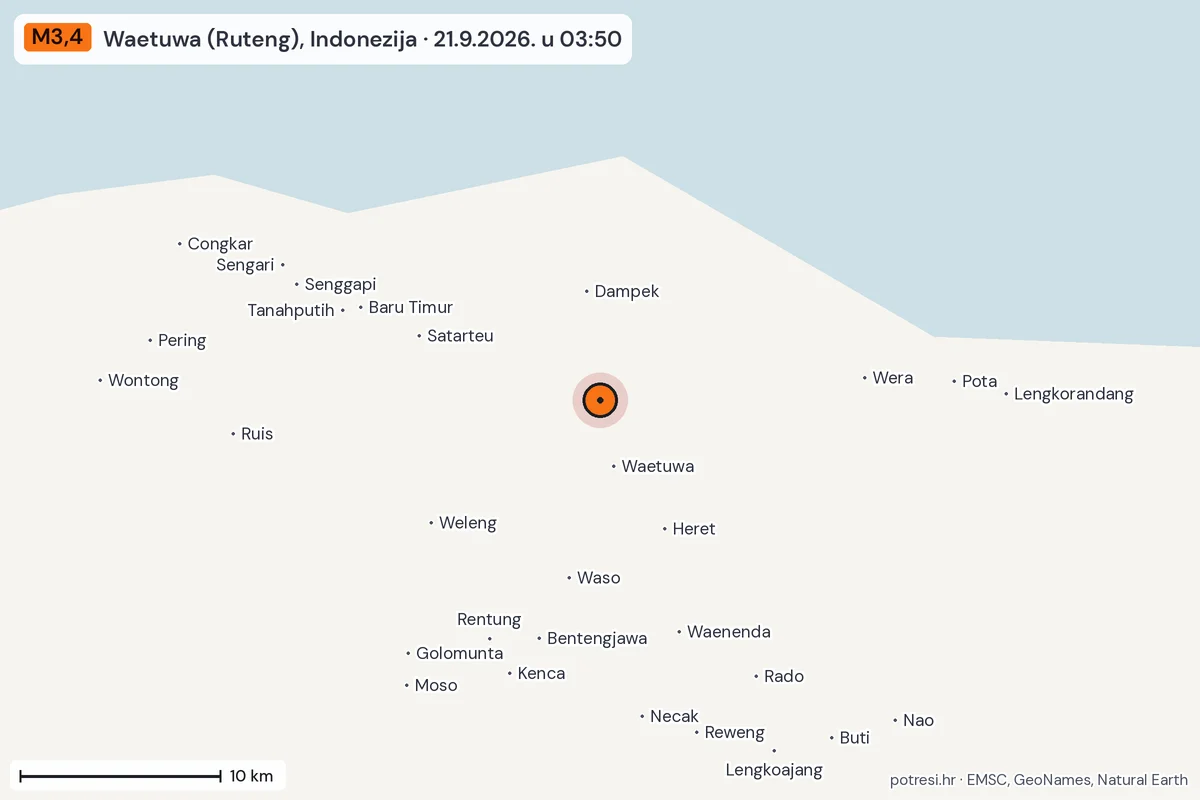 Karta: okolica epicentra, 60 km, potres M3,4, Waetuwa (Ruteng), Indonezija, 21.9.2026.