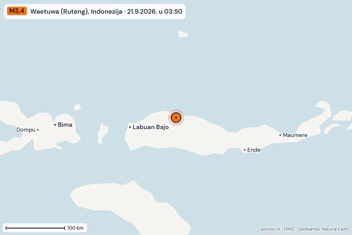 Karta: šire područje, 600 km, potres M3,4, Waetuwa (Ruteng), Indonezija, 21.9.2026.