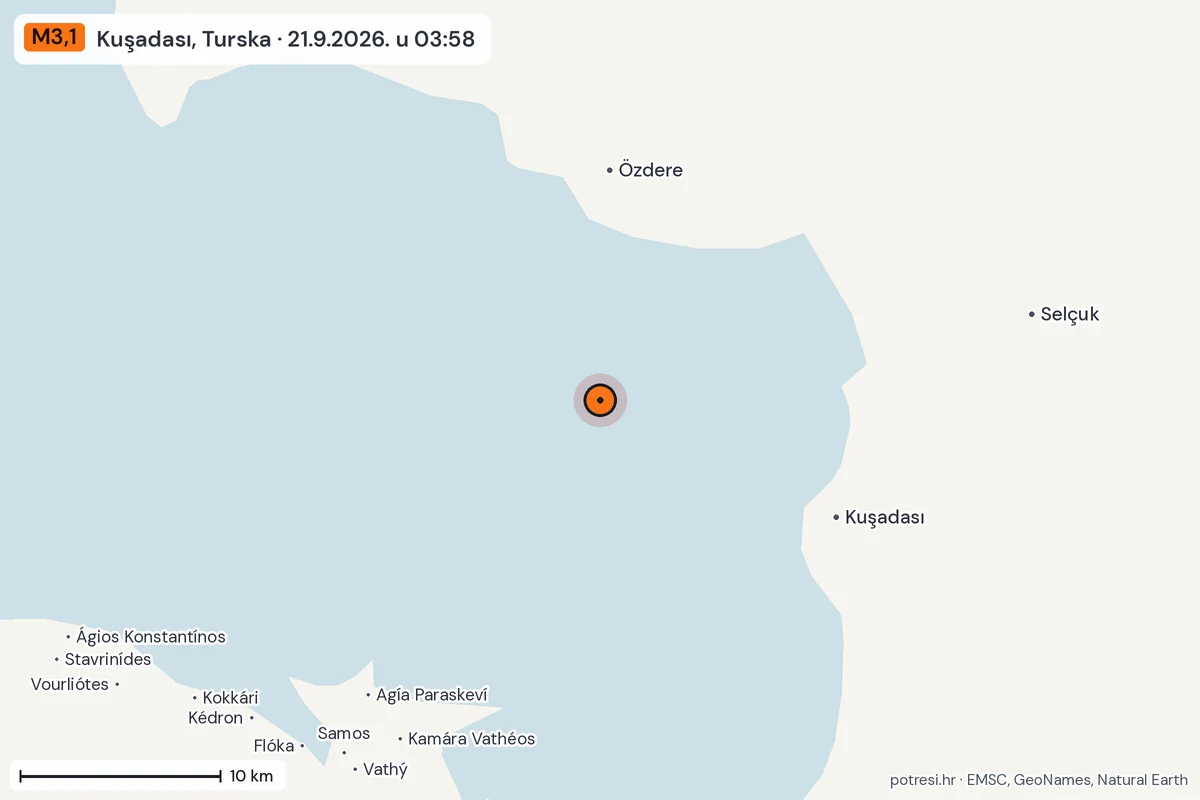 Karta: okolica epicentra, 60 km, potres M3,1, Kuşadası, Turska, 21.9.2026.