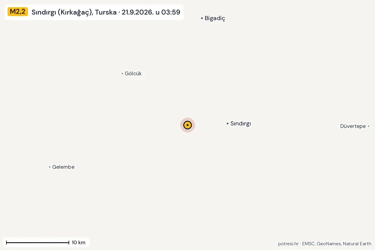 Karta: okolica epicentra, 60 km, potres M2,2, Sındırgı (Kırkağaç), Turska, 21.9.2026.